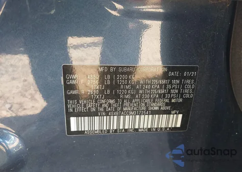 2021 Subaru Outback Premium из США, поврежденный, VIN 4S4BTACC9M3172541